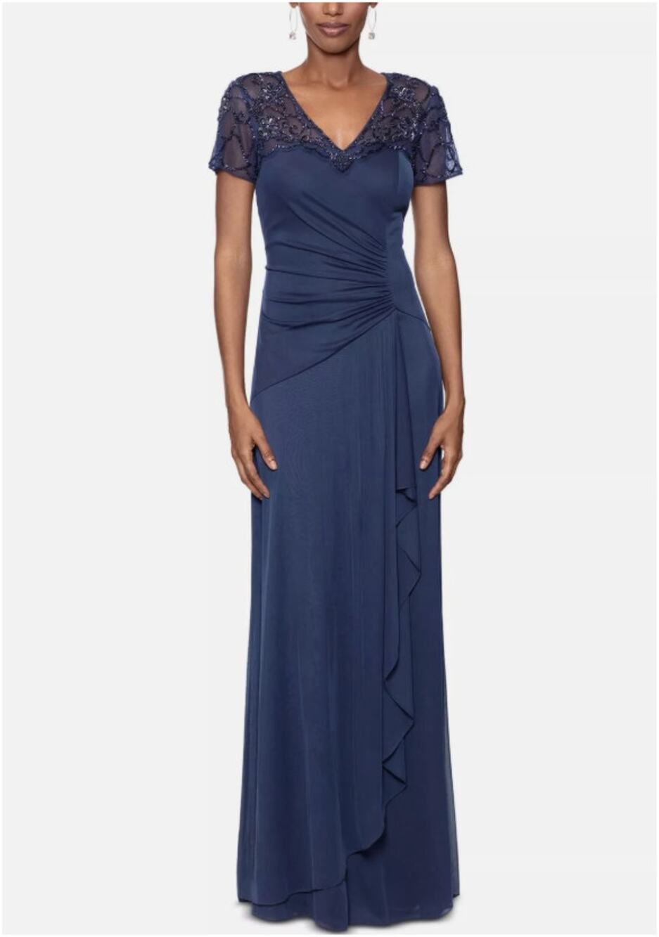 Xscape Carmen 5497X Gown Size 10 Charcoal Blue Beaded Mesh Ruched Formal NWT